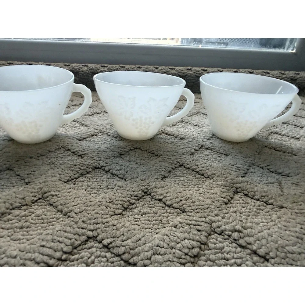 6 White Punch Cups Anchor Hocking Milk Glass Grape Pattern